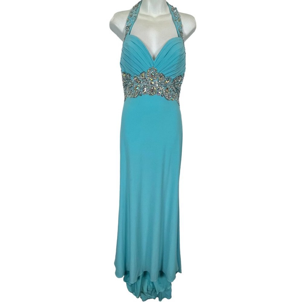 Tony Bowls Evenings Womens Blue Halter Formal Open Back Beaded Knit Dress sz 10